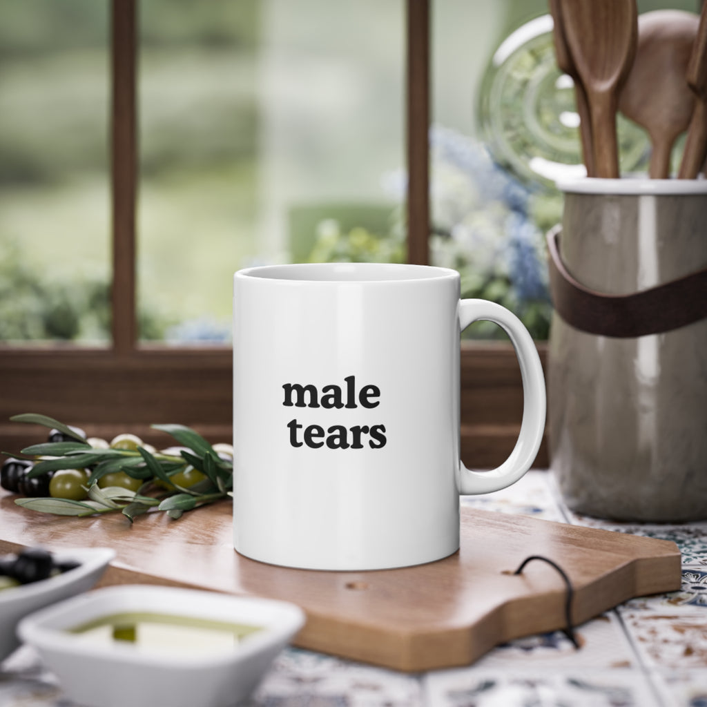 male tears mug | minimal black text ceramic mug
