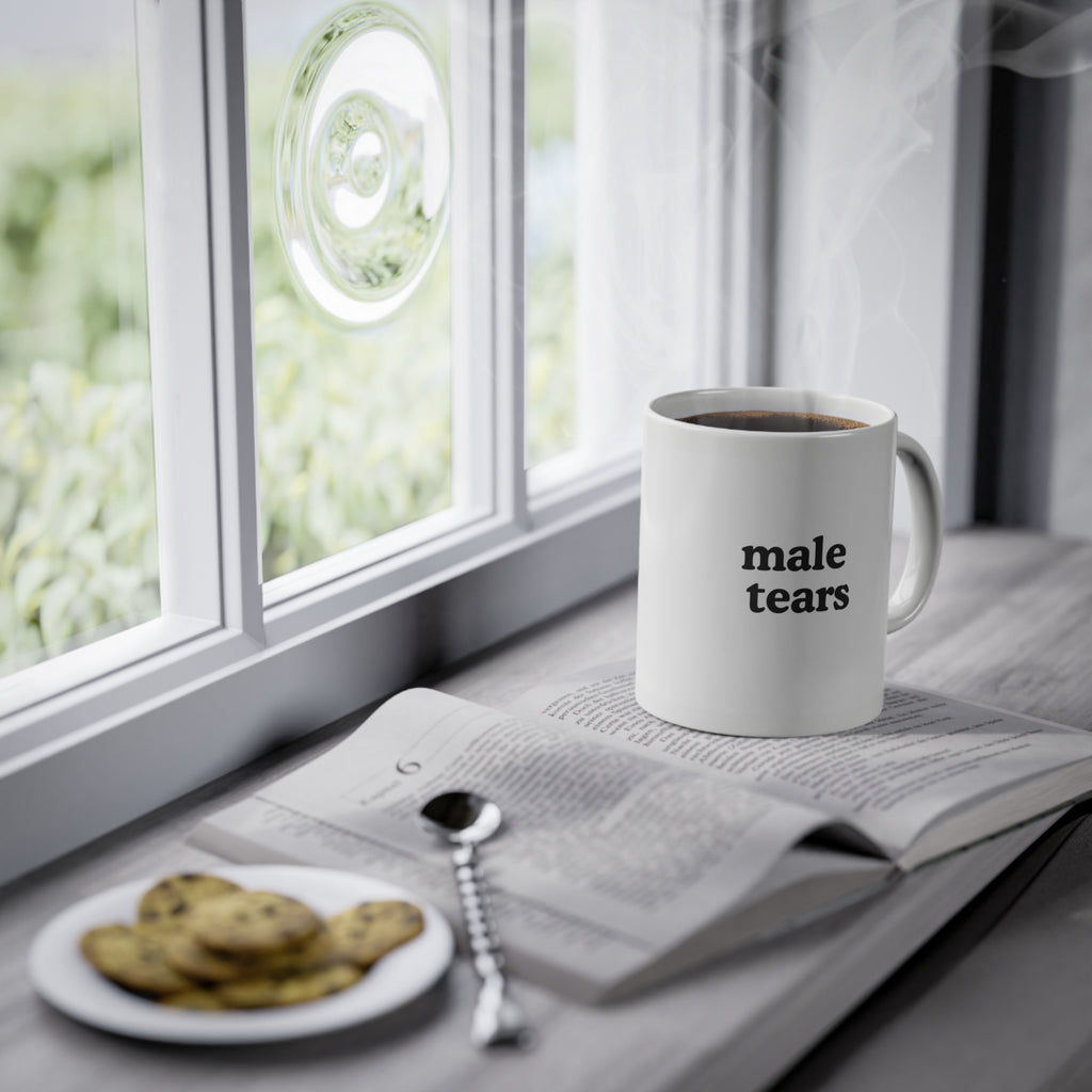 male tears mug | minimal black text ceramic mug